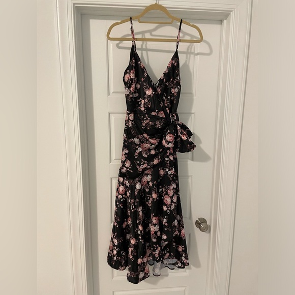 VICI Satin Floral Wrap Midi Dress - Black Floral - Picture 5 of 7